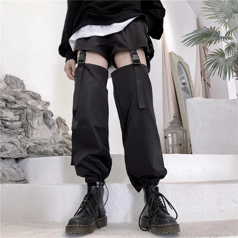 

Buckle Belt Ribbon Hollow Sexy Gothic Loose Pant Women Streetwear Hiphop Jogger Drawstring Hem Punk Cargo Harajuku Korea Trouser