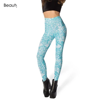 

Beauty Stay Women Leggings Blue Flower Bird Rabbit Print High Waist Knitted Elastic Skinny Casual Ninth Fitness Summer Pants