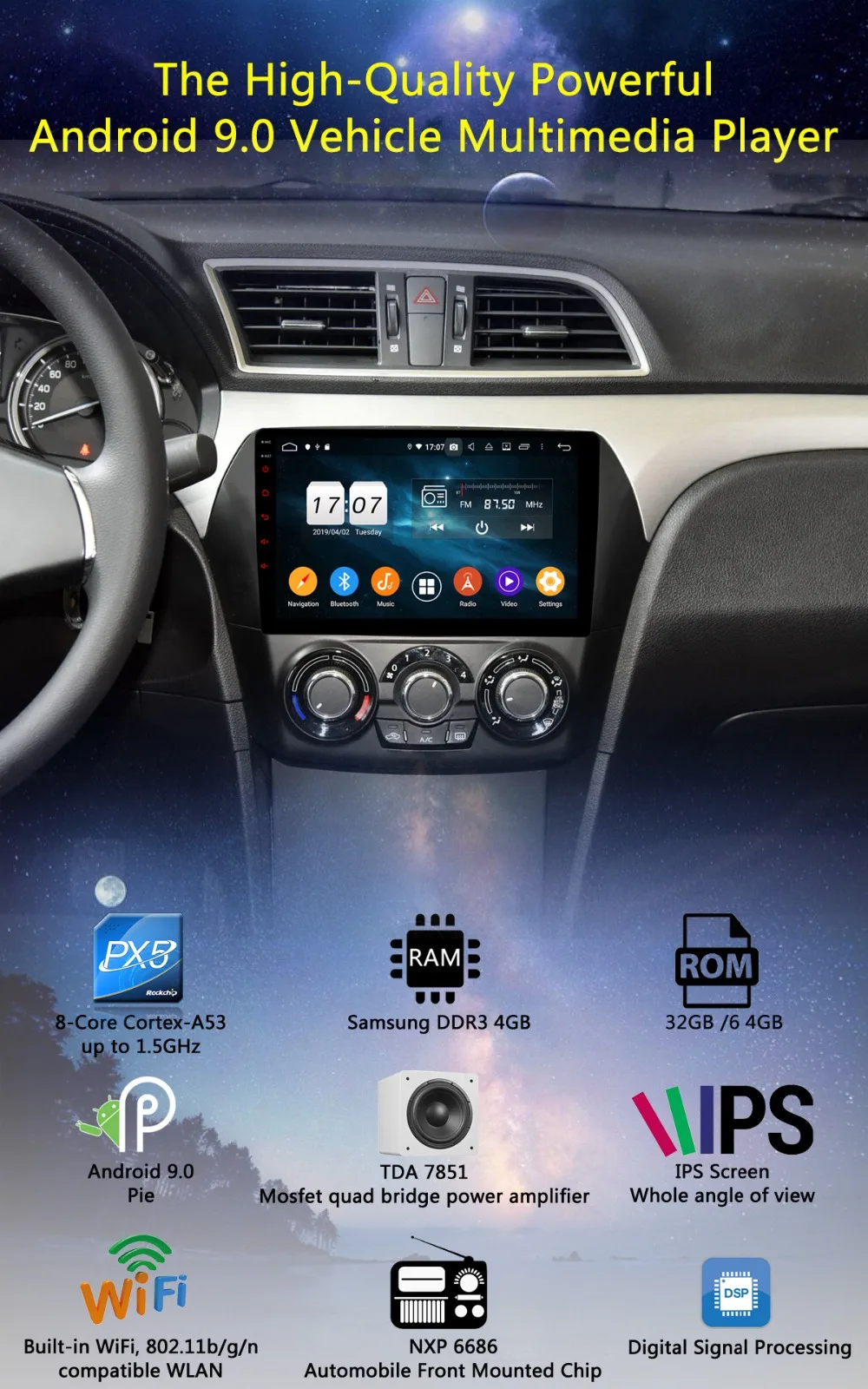 Top 9" IPS Android 9.0 Octa 8 Core 4GB RAM+64GB ROM Car DVD Radio GPS For Suzuki CIAZ 2013-2017 DSP CarPlay Parrot BT Stereo Adas 1