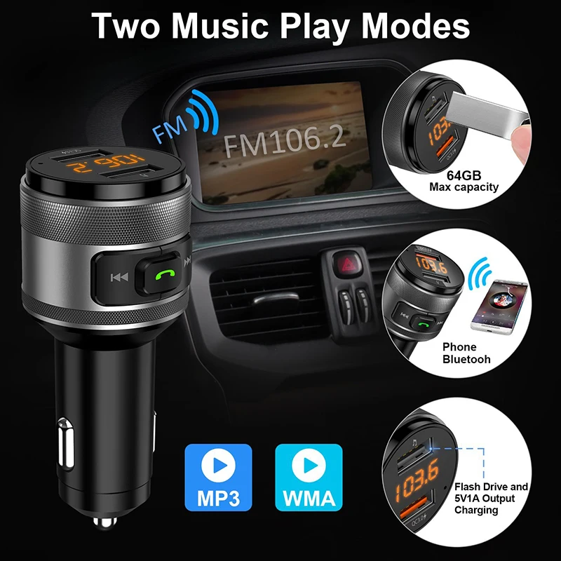 VicTsing Bluetooth FM Transmitter for Car QC3.0 5V 3.4A Wireless Bluetooth FM Radio Adapter Music Player Car Kit with Hands-Free (16)