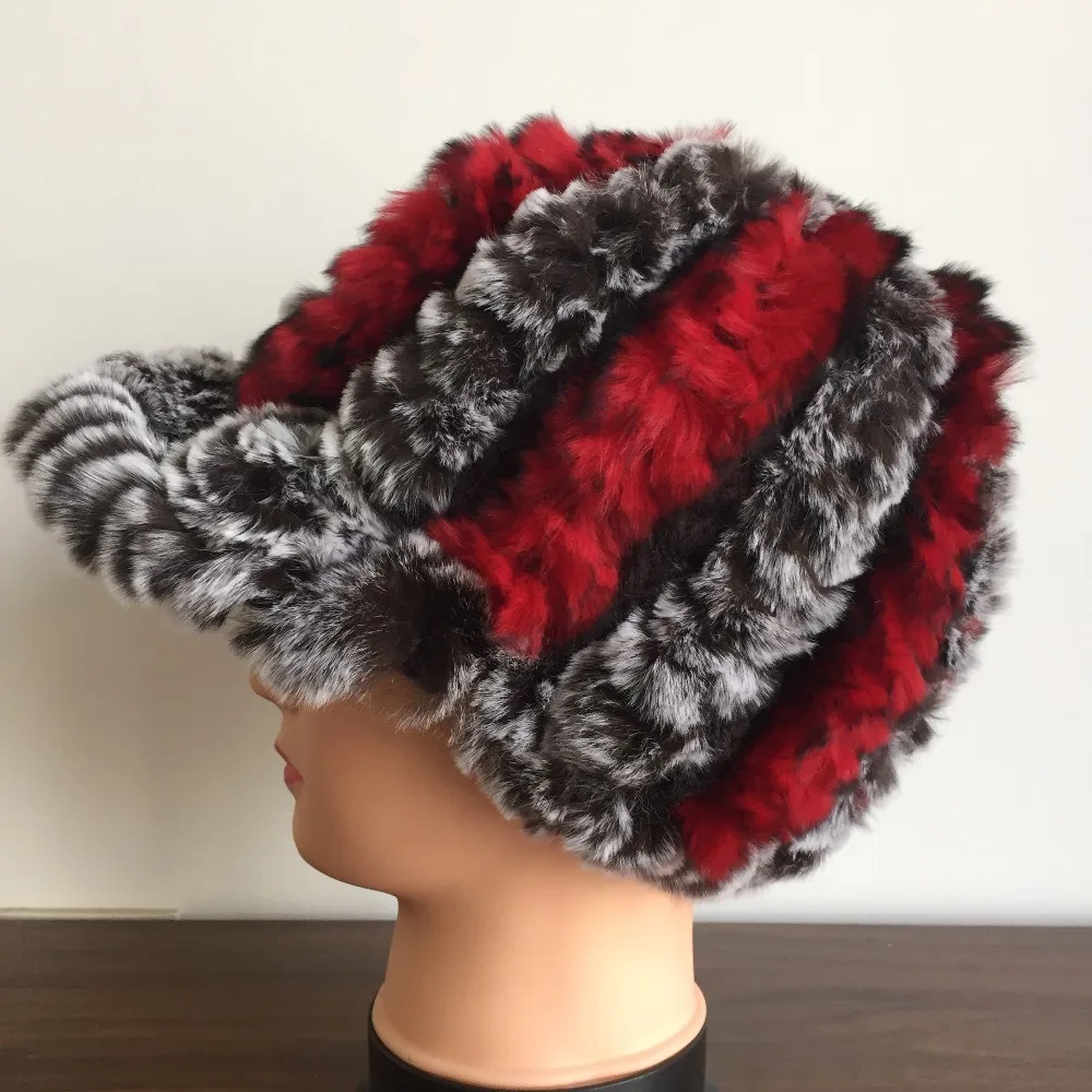 Женские вязаные шапки с козырьком из кроличьего меха, женские зимние теплые шапки, модная Натуральная меховая заколка,, AH404