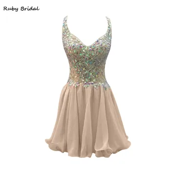 

Ruby Bridal Vestido De Festa A-line Mini Prom Dress Champagne Lace Beaded Luxury Charming Straps Short Evening Party Gown KP86