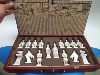 

Elaborate Chinese Classical wood Leather Box with Ancient Figures Statue Chess Set