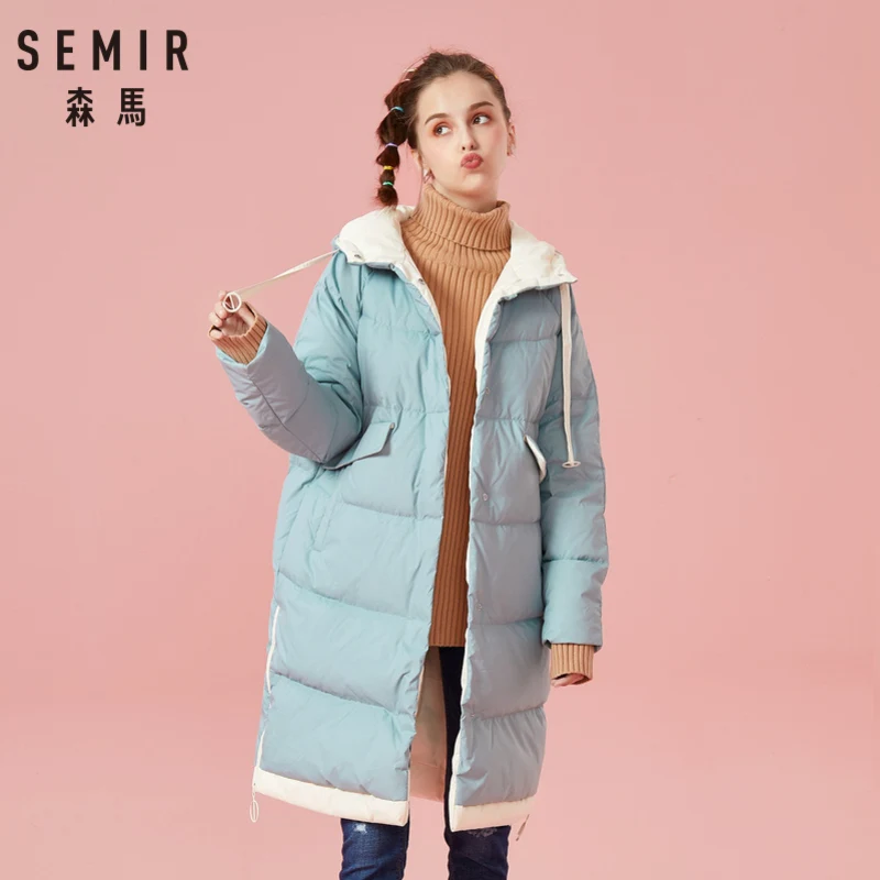 Beste SEMIR Vrouwen Lange Down Kapmantel met Pocket Jas Winter Vulling Puffer Jas Gevoerd Trekkoord Capuchon warme dikke Jassen