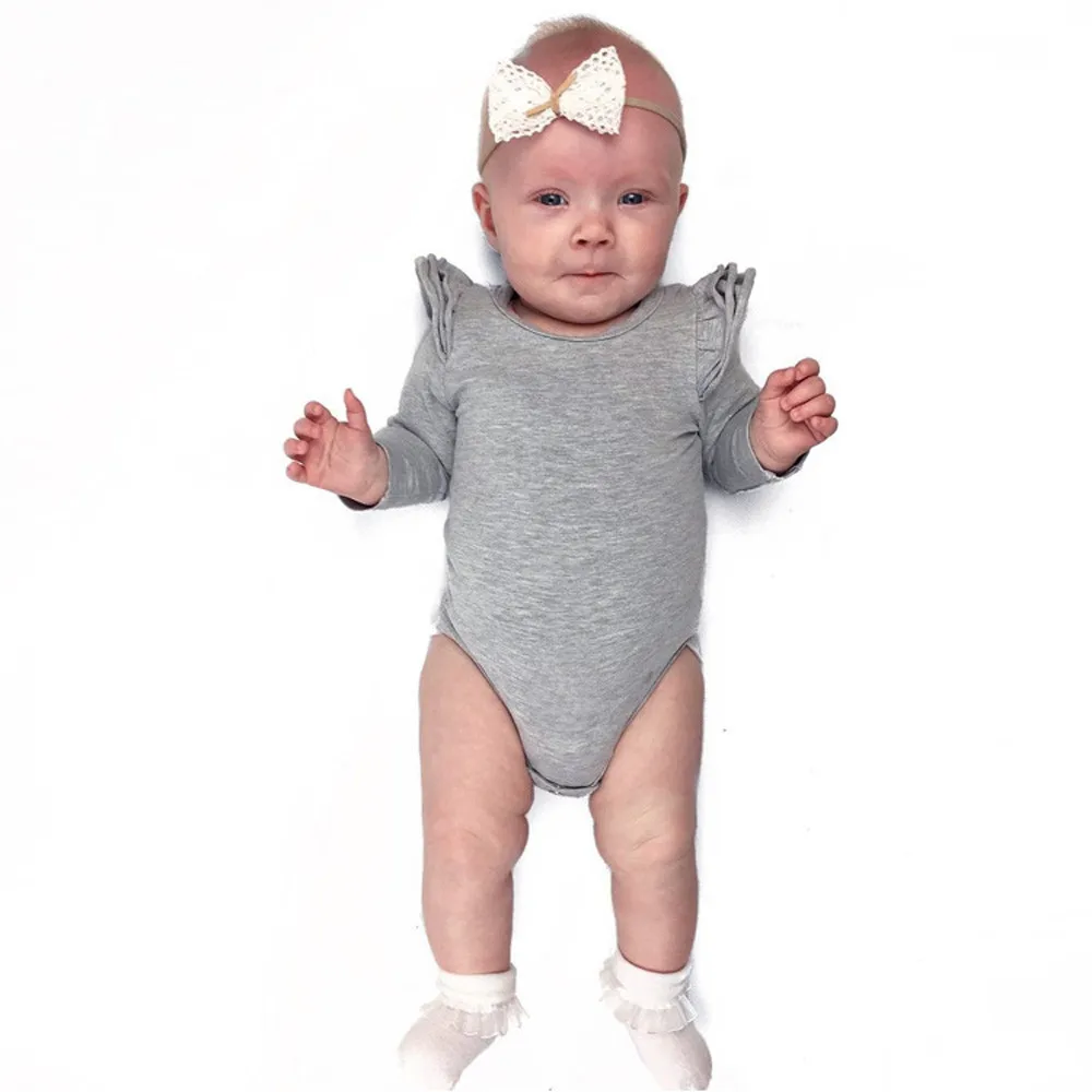 Весенне-осенний хлопковый комбинезон с длинными рукавами, одежда для малышей, детская одежда, детский однотонный комбинезон с оборками, одежда