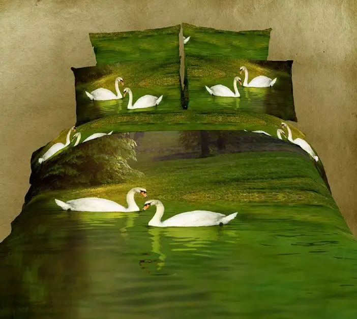 3D Green swan lake aqua water bedding set king queen size bedspread