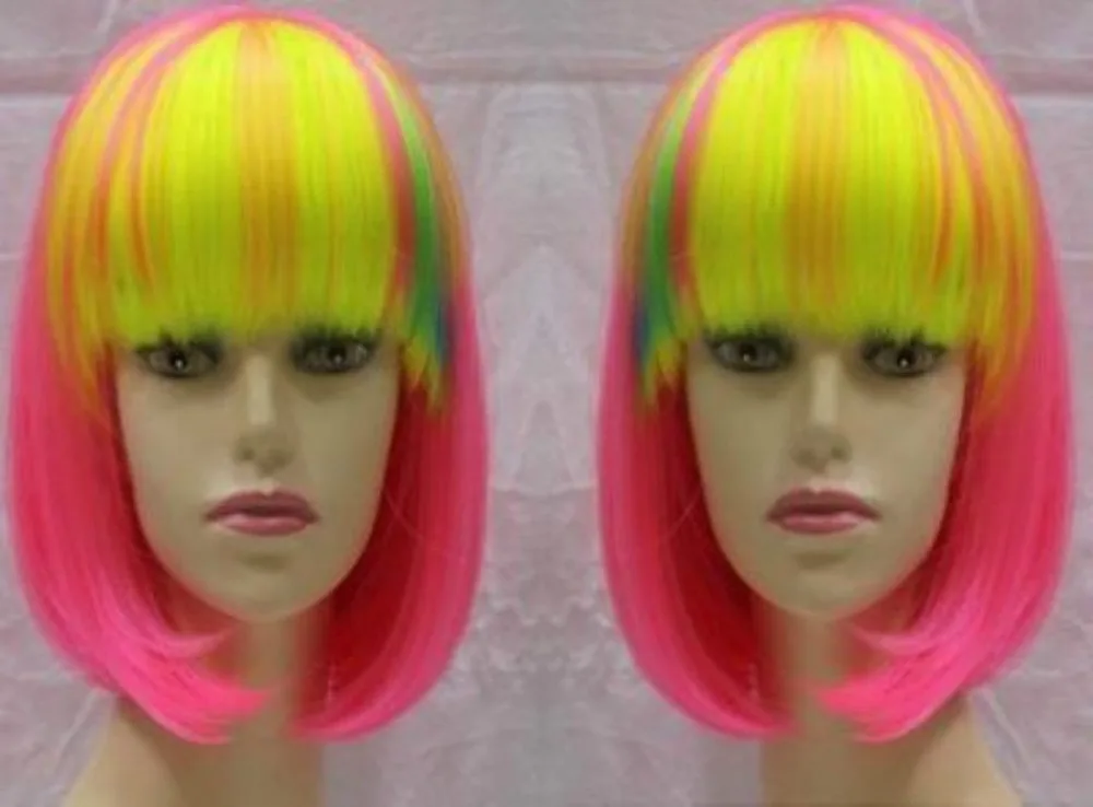 

FREE P&P^^^^^^^^^Hot Sell ! Cosplay Short Pink /Yellow /Light Green Mixed Straight Wig