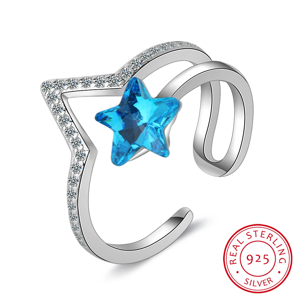 

New Temperament Fashion Wild Women Blue Crystal 925 Sterling Silver Jewelry Personality Stars Opening Rings Sr380