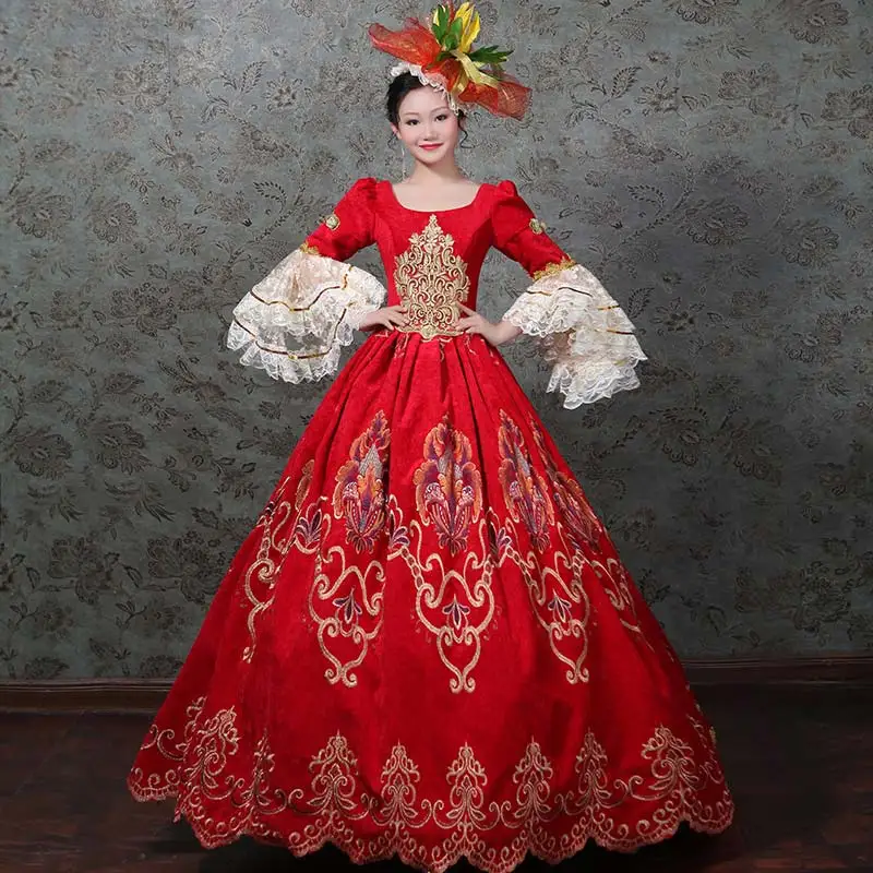 

Customized 2018 Red Rococo Baroque Masquerade Party Dress Square Collar Long Flare Sleeve Appliques Marie Antoinette Ball Gowns