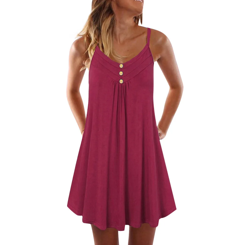 Women Dress Summer Women Sleeveless Spaghetti Strap Double Breasted Plain Shift Dress Sexy Dress Mini Formal Dress Women Elegant