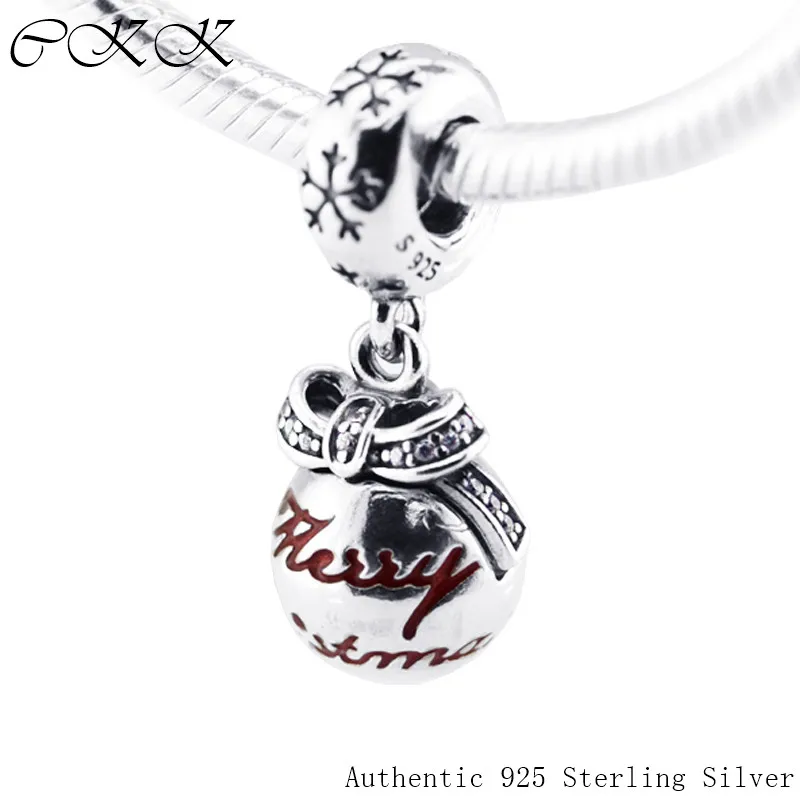 

Authentic 925 Sterling Silver Merry Christmas Bauble Beads With Clear CZ & Red Enamel Fit Bracelets DIY Fine Jewelry P481