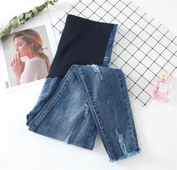 

0225# 9/10 Length Ripped Hole Stretch Denim Maternity Jeans Summer Fashion Belly Pencil Trousers for Pregnant Women Pregnancy
