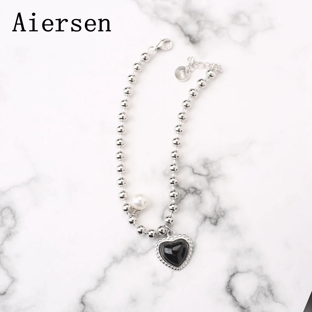 

Aiersen New Pure S925 Heart Bracelet for Women Nature Black Agate Pearl 925 Sliver Beads Bracelet Valentines Gift Pulseras Mujer