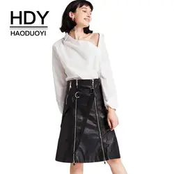 HDY Haoduoyi бренд 2017 в стиле панк PU черные рубашки женские на молнии на шнуровке с пайетками нео-панк Модные женские нижние юбки с высокой талией