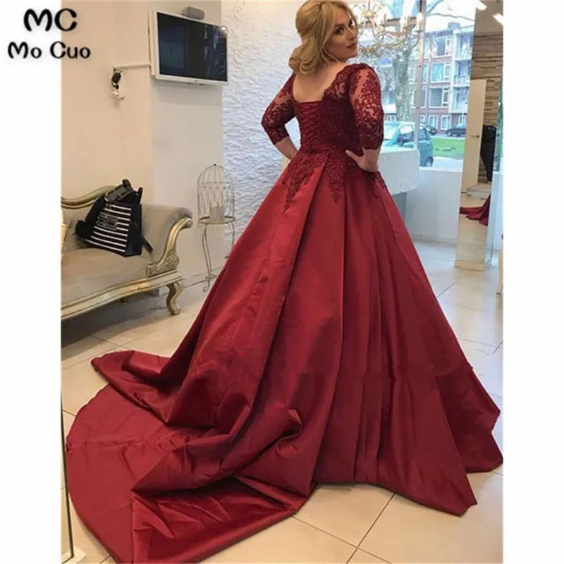PLUS SIZE V NECK 3 4 LONG SLEEVES BURGUNDY PROM DRESSES WITH APPLIQUES2