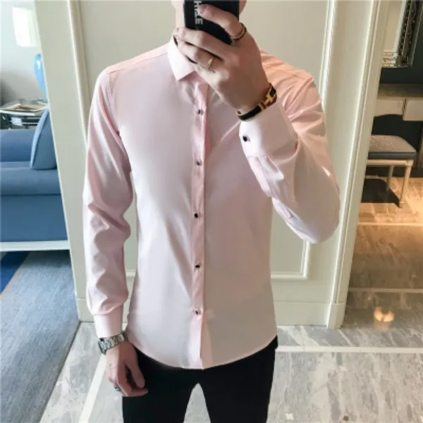Горячая Распродажа Мужская рубашка Мода Весна новая приталенная деловая рубашка рубашки длинный рукав однотонная универсальная блузка Homme плюс размер 4XL - Цвет: Розовый