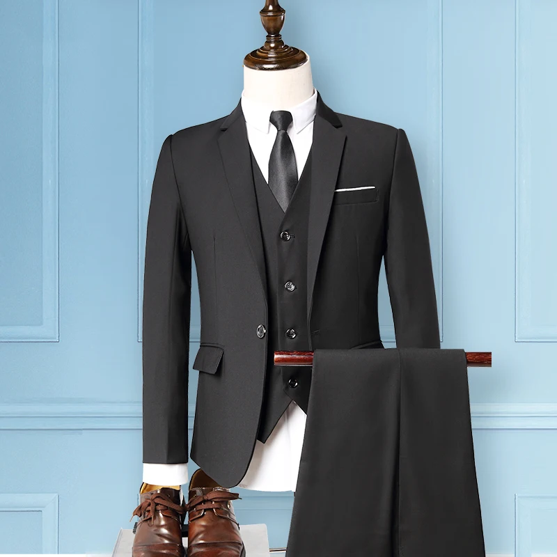 Men suit 3 piece set groom wedding dress business Slim solid color high quality (blazer +vest + pants) fashion classic suit male
