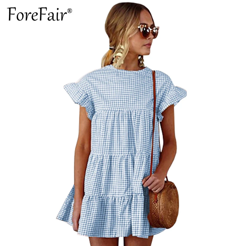 Forefair 2018 جديد نمط منقوشة مخطط فستان مكشكش الصيف المرأة عارضة فضفاض قصير كم البسيطة فساتين Vestidos
