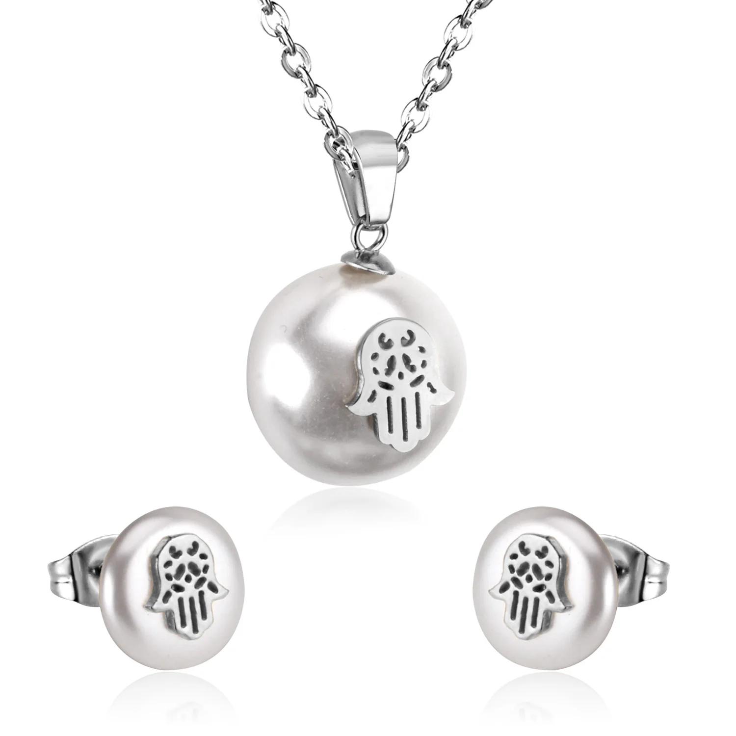 Роскошные свадебные ювелирные наборы из Дубаи с искусственным жемчугом, женские маленькие серьги-гвоздики из нержавеющей стали, ожерелье, ювелирные наборы - Окраска металла: Silver
