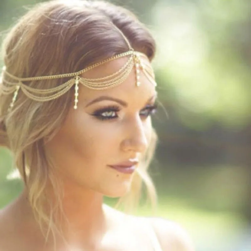 Koop Boho Goud Draperen Crystal Haar Manchet Arabian Bridal Haaraccessoires Bruiloft Ketting Hoofddeksel Bijoux Elegante Bruiloft Kapsels