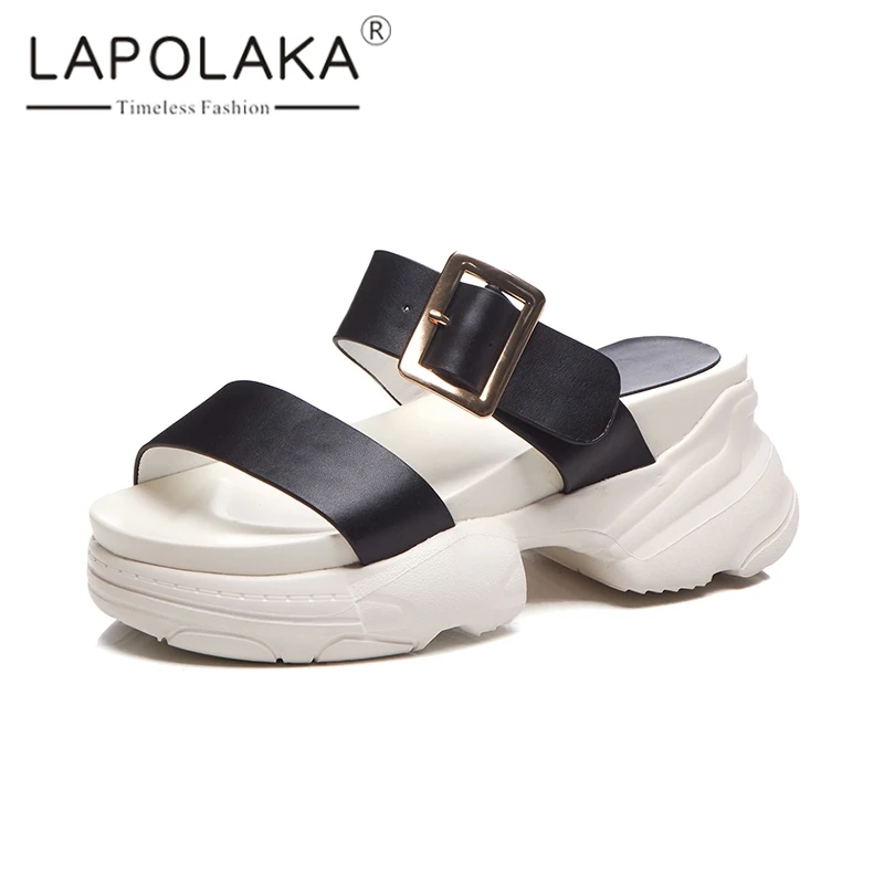 

lapolaka 2019 New Fashion Genuine Leather Wedge High Heels Shoes Woman Pumps Mules Platform Slip On Summer Sandals