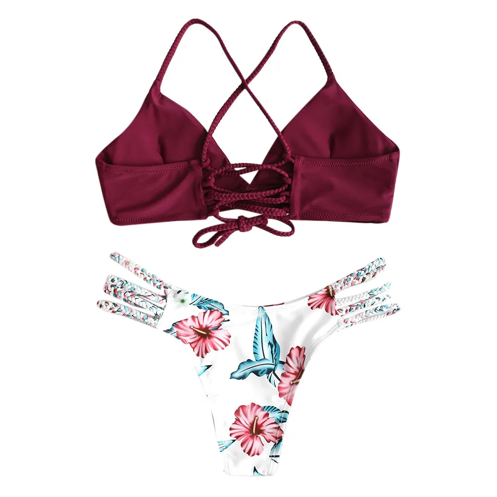 

Women Fashion Wine bra printed swim trunks Bikini Cut Flower Two Piece Sexy Swimsuit Push Up Floral Swimwear Beachwear #YL1