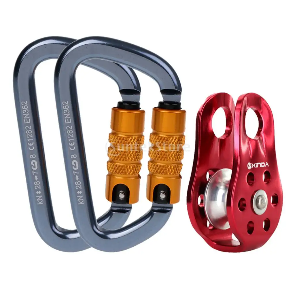 

3PCS Outdoor Climbing Gear Set, 28KN Aluminum D-Ring Carabiners Twist Locking Key Chain with 20KN Fixed Single Rope Pulley
