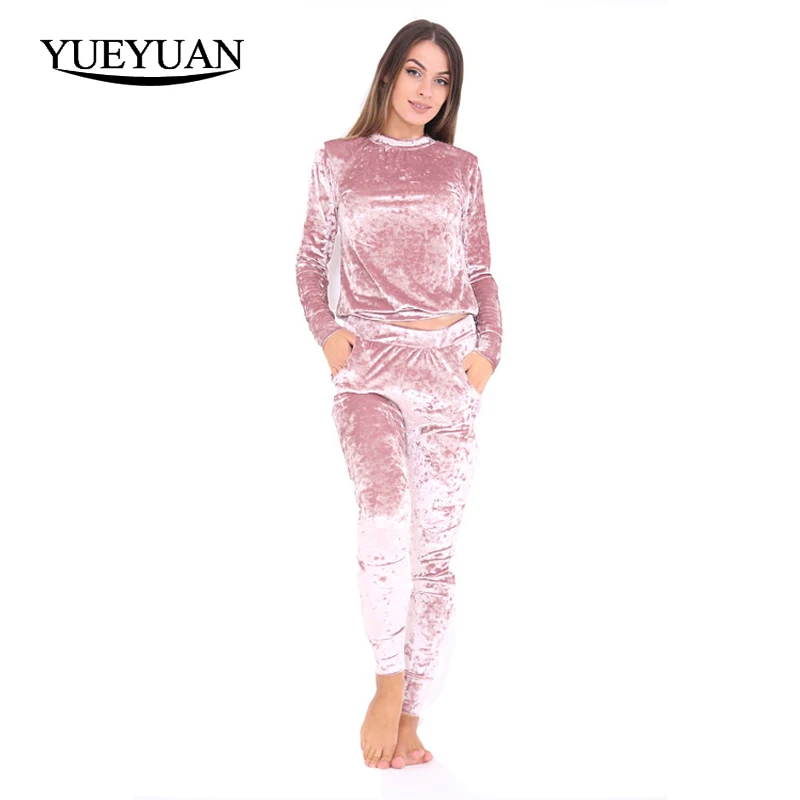 Mulheres Outono Inverno Veludo Treino Duas Peças Set Top de Manga Longa E Calça Terno Bodysuit Mulheres Desfile de Moda de Roupas 2017