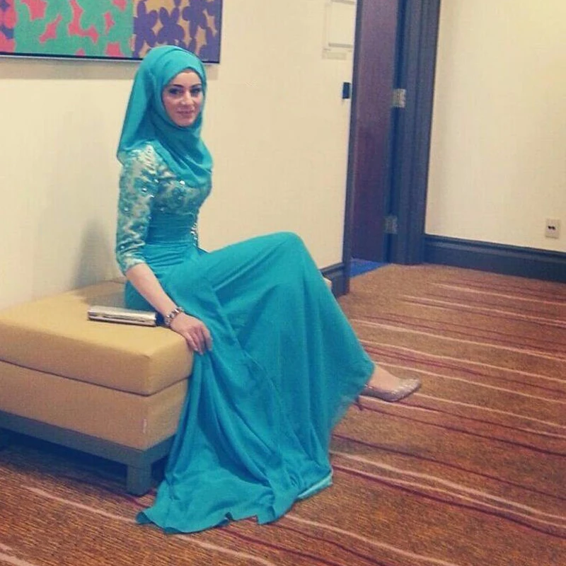 Abiye Gece Elbisesi font b Hijab b font Evening Dresses Plus Size Arabic Turquoise Chiffon Lace