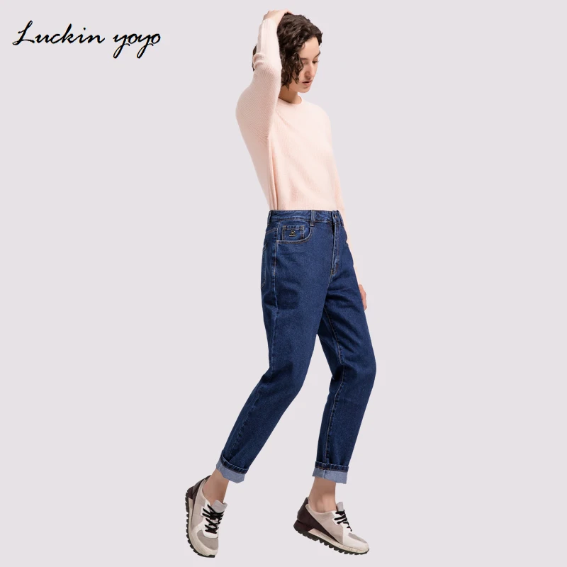 Luckin yoyo High Waist Jeans for Women Large Sizes Fashion Blue freddy Jeans Women 2018 New Casual Denim Pants Pocket Mom Jeans