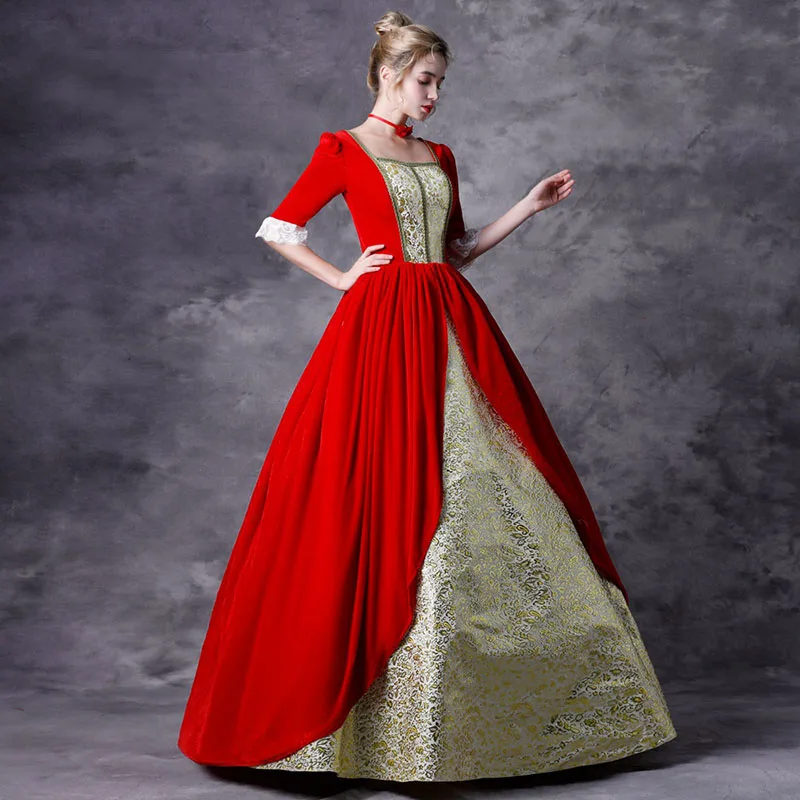 Индивидуальные лето осень рококо барокко красное золото длинное платье 18 век Готический Стиль Половина рукава Бальные платья в викторианском стиле