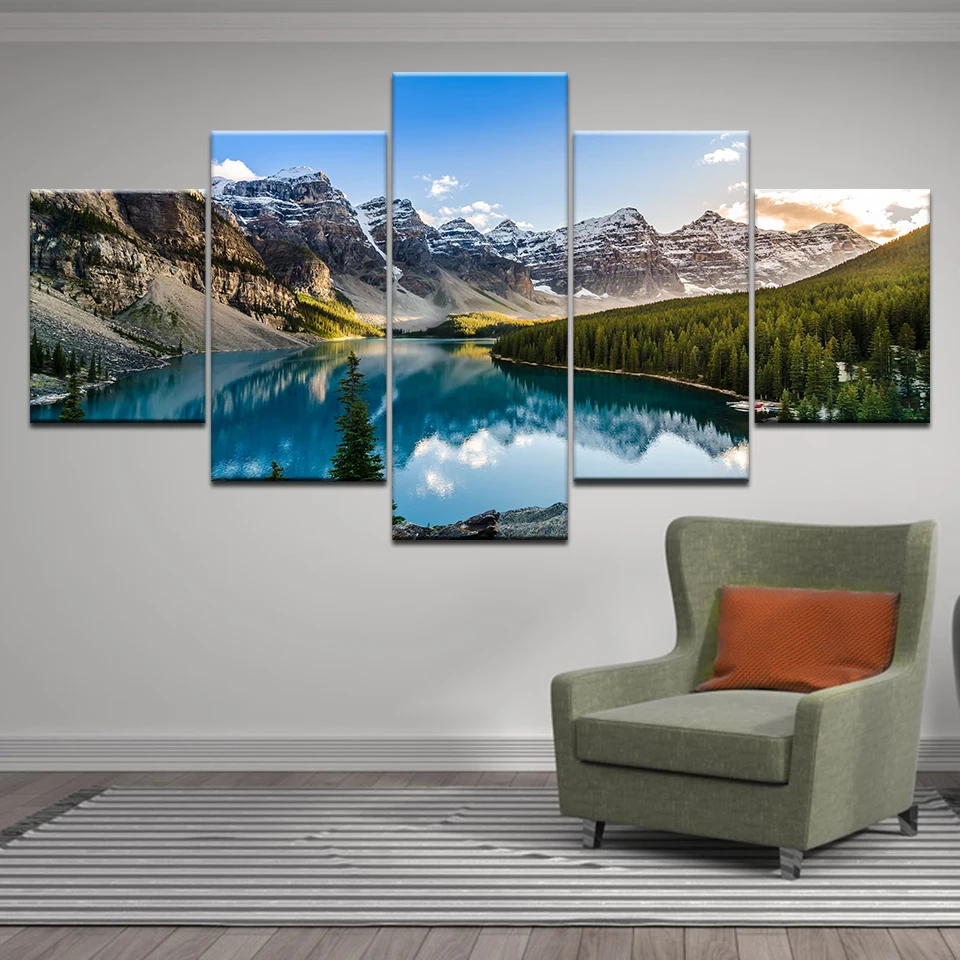 HD Печать картины холст домашний декор Moraine Озеро Закат горы облака лес река природа пейзаж плакаты настенные художественные картины