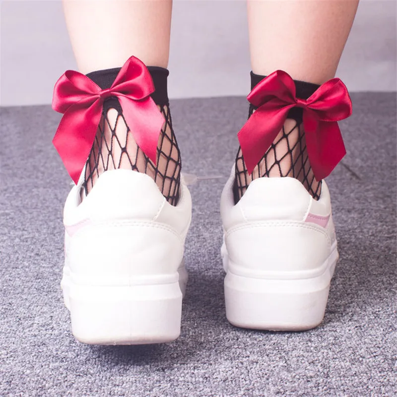 2 Pairs Chic Women's Harajuku Breathable White Bow knot Fishnet Socks.Sexy Hollow out Mesh Nets Socks Ladies Girl's Lolita Style Bow Sox5