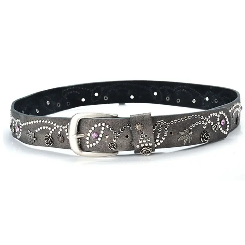 SupSindy Women Belt Luxury Brand Designer Leaves Flowers Rhinestone Rivets Pin Buckle PU Leather Belts for Women Jeans Waistband