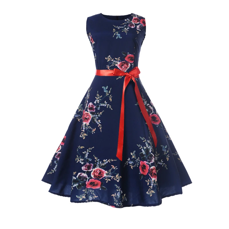 Kostlich New Arrival Summer Hepburn Vintage Dress O-Neck Floral Print Dresses Women Big Swing Dress Plus Size S-2XL With Sashes (2)