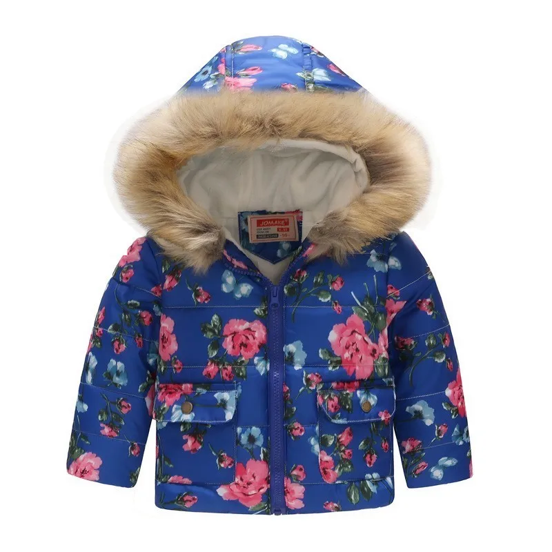 Детская одежда зимние пальто для маленьких мальчиков и девочек теплая утепленная хлопковая верхняя одежда с меховым капюшоном куртки с цветочным принтом и животными - Цвет: Gray