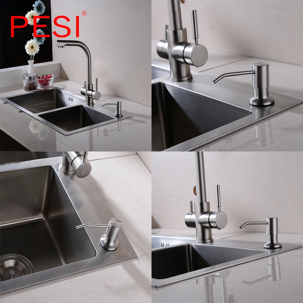 Deck Mount Stainless Steel Kitchen Sink Countertop Soap Dispenser Built in Hand Soap Dispenser Pump Large Capacity 13 OZ Bottle