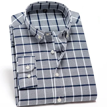 

QISHA Brand Oxford Mens Shirts White Gray Plaid Style Long Sleeve Classic Casual Camisa Social Work Shirt Selected XXL XXL 4XL