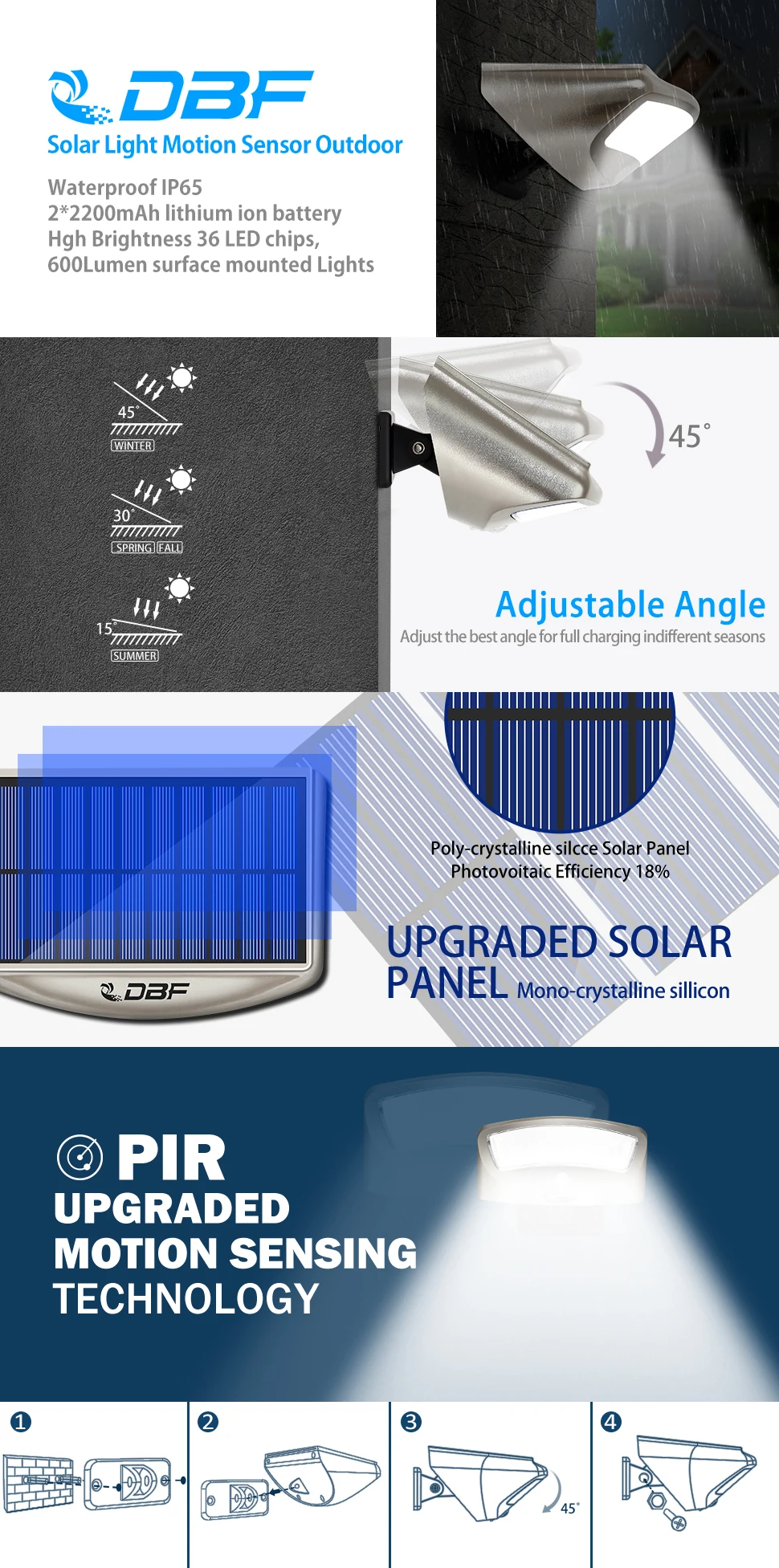 Lâmpada de Parede para Pátio Luz do Sensor de Movimento de Dbf Luz de Segurança sem Fio Impermeável Solar Powered Flood Light 600lm 4 Modo Quintal 36led 13 Lâmpadas solares