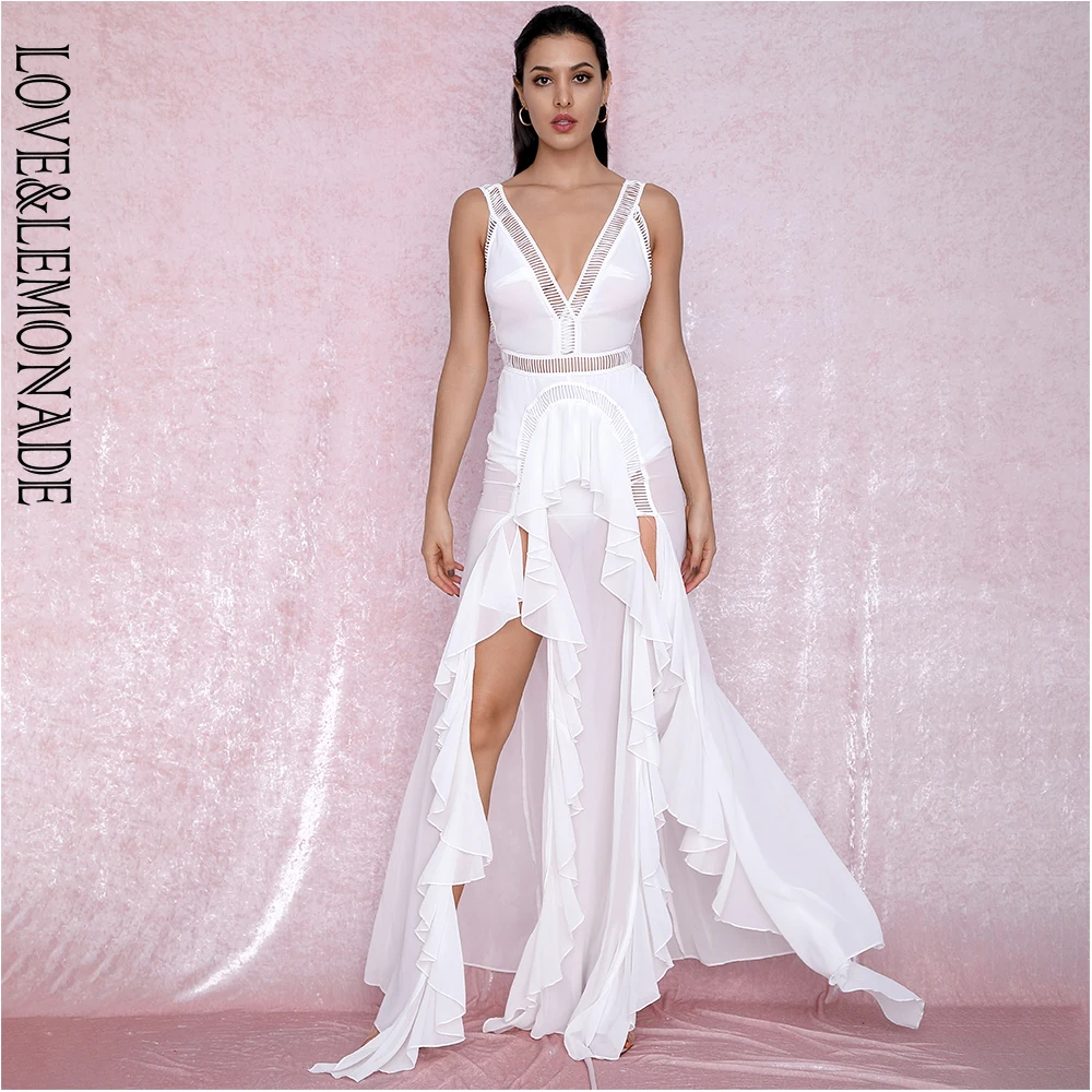 

LOVE&LEMONADE Sexy White Deep V-Neck Open Back Cut Out Plaid Lace Split Chiffon Maxi Dress LM81857 Autumn/Winter