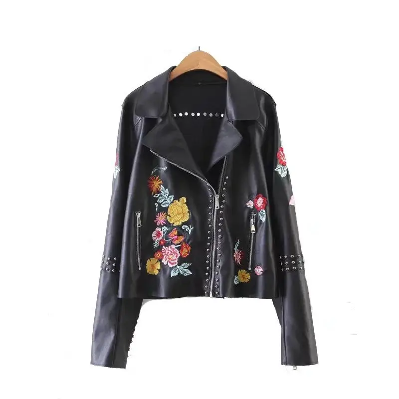 ZQLZ модная Осенняя кожаная куртка с вышитыми цветами для женщин, тонкое короткое пальто из искусственной кожи, Женская Байкерская верхняя одежда - Цвет: Black