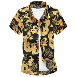 2019 Новое поступление летние мужские рубашки с принтом дракона с коротким рукавом Повседневная рубашка мужская плюс размер одежда стильная
