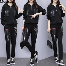 M-5xl Black Red Autumn Two Piece Sport Suits Sets Outfits Women Plus Size Hooded Tops And Pants Casual Fashion Suits Tracksuits