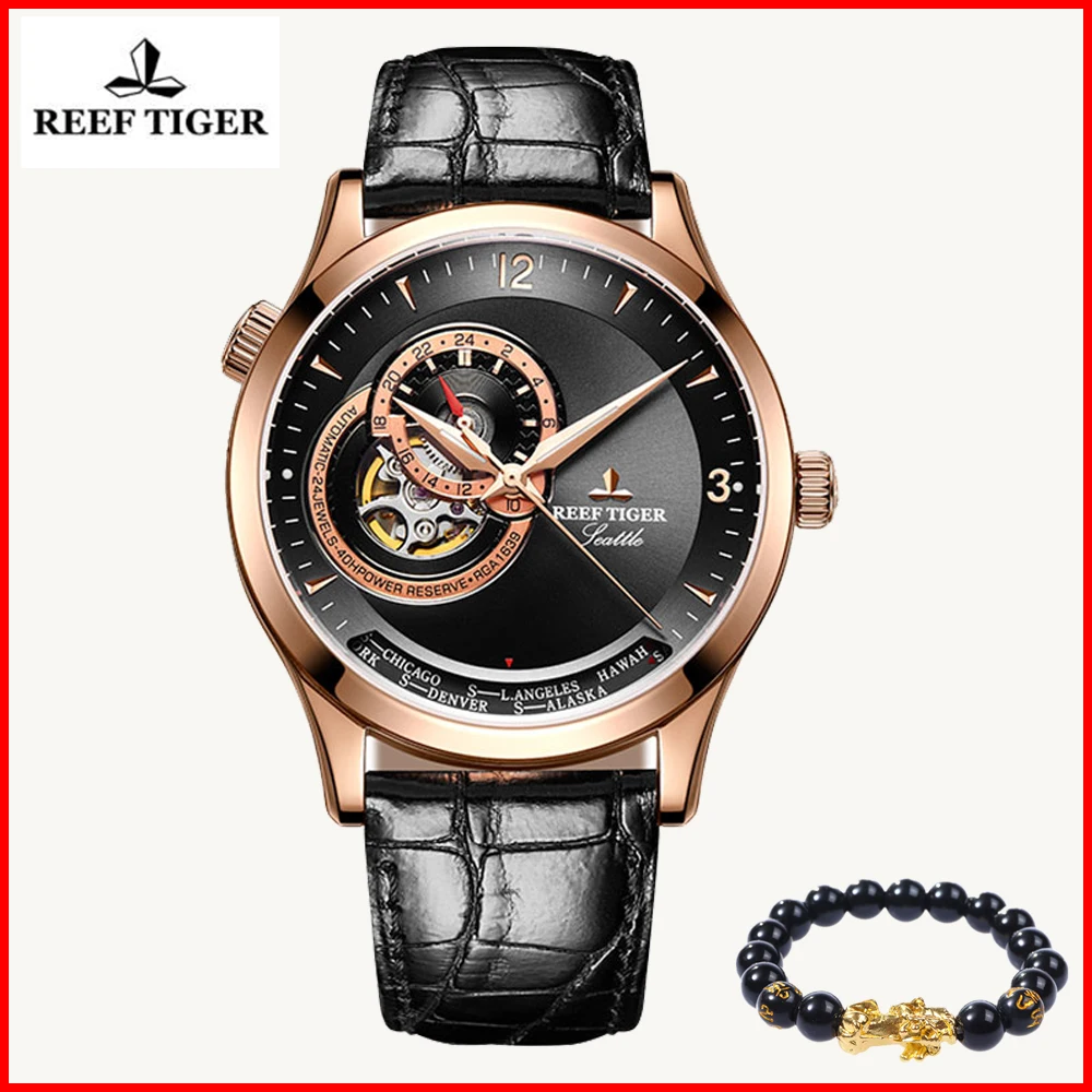 

Reef Tiger Brand Mens Casual Automatic mechanical Watches Men Rose Gold Dial Leather Tourbillon Watch relogio masculino RGA1693