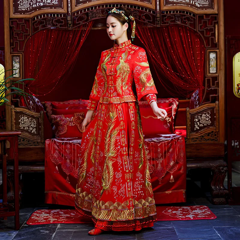 Высокое качество Традиционный китайский красный свадебное платье долго Cheongsam ручной вышивки Qipao Платье Ретро Халат Размеры 3XL