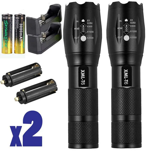 

2 x Tactical Flashlight Ultrafire T6 High Powered 5 Modes Zoom Battery LED Torch Powerful Latarka Handheld Linterna Camping