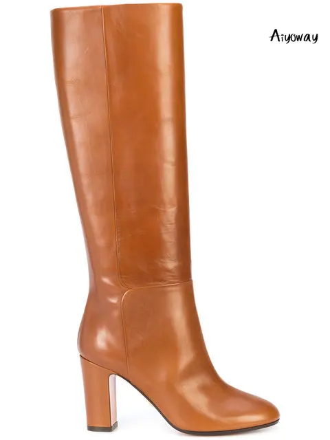 

Aiyoway Fashion Women Ladies Round Toe Block Heel Knee Boots Winter Dress Boots Black Brown Slip On Comfortable US Size 5~17