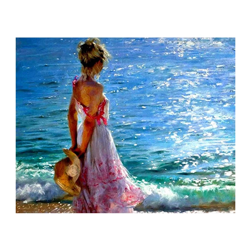 5D DIY Diamond Painting Girl Back Beach Hat Embroidery Diamond Cross Stitch Rhinestone Mosaic Painting Decor Gift