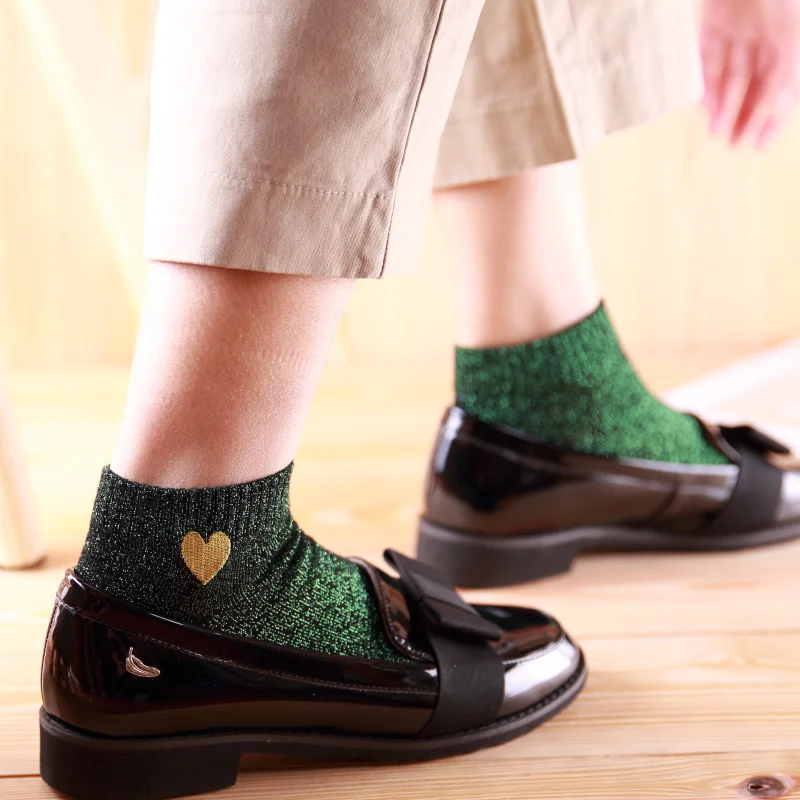 Женские модные блестящие носки с вышивкой Золотого сердца, серебристого и золотого цветов, размер 35-40