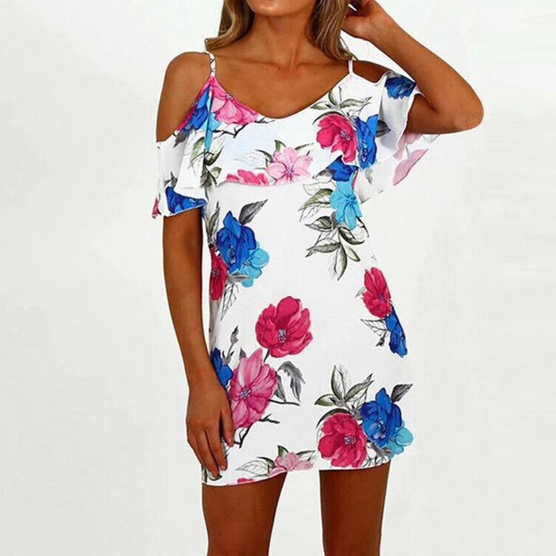 2019 Women's Dress Cold Shoulder Short Sleeve Summer Dress Woman Casual Loose Beach Boho Sundress Ladies Floral Printed Dresses
